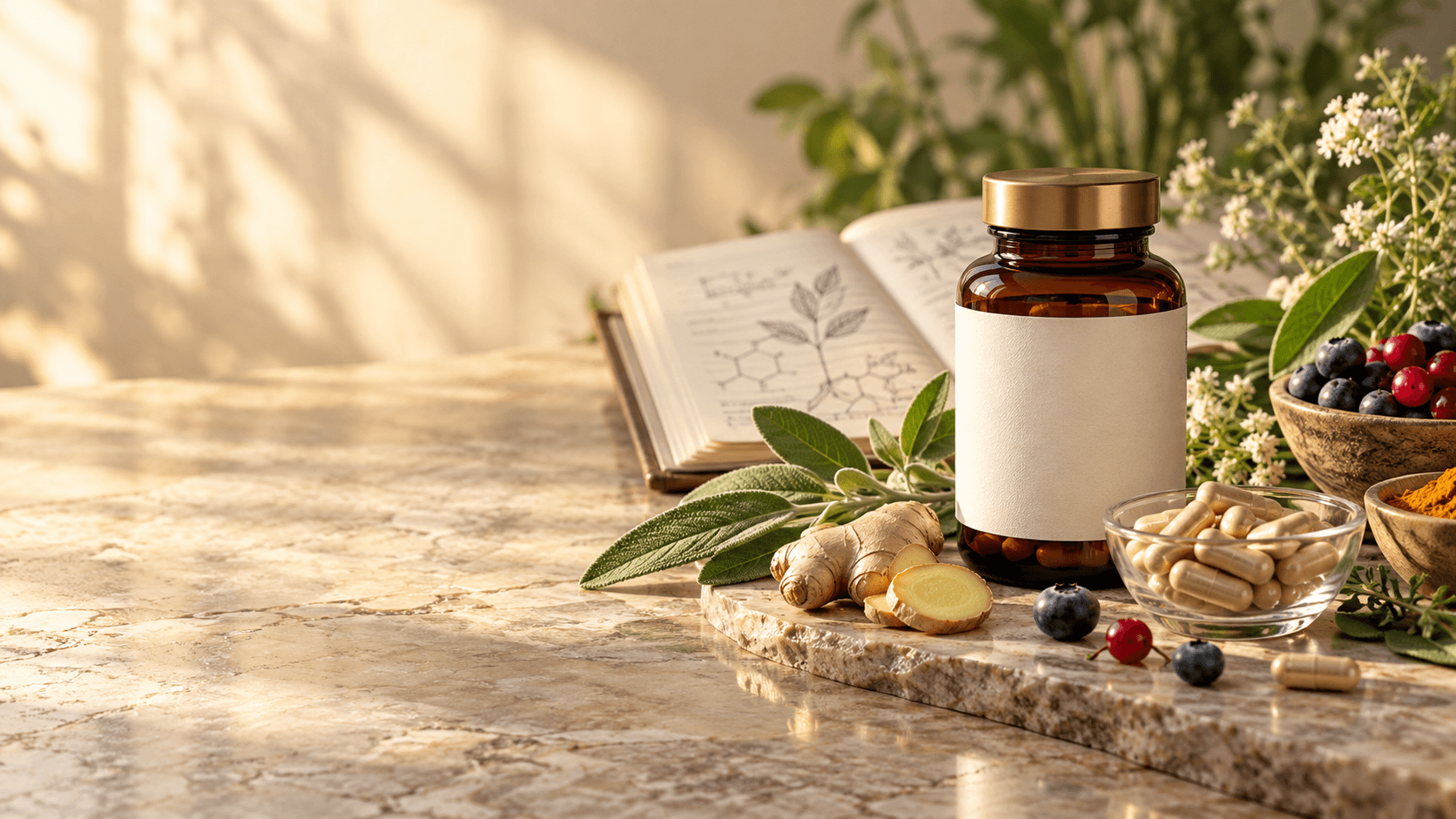 Natural supplements, botanicals, berries, and wellness notes on a sunlit table
